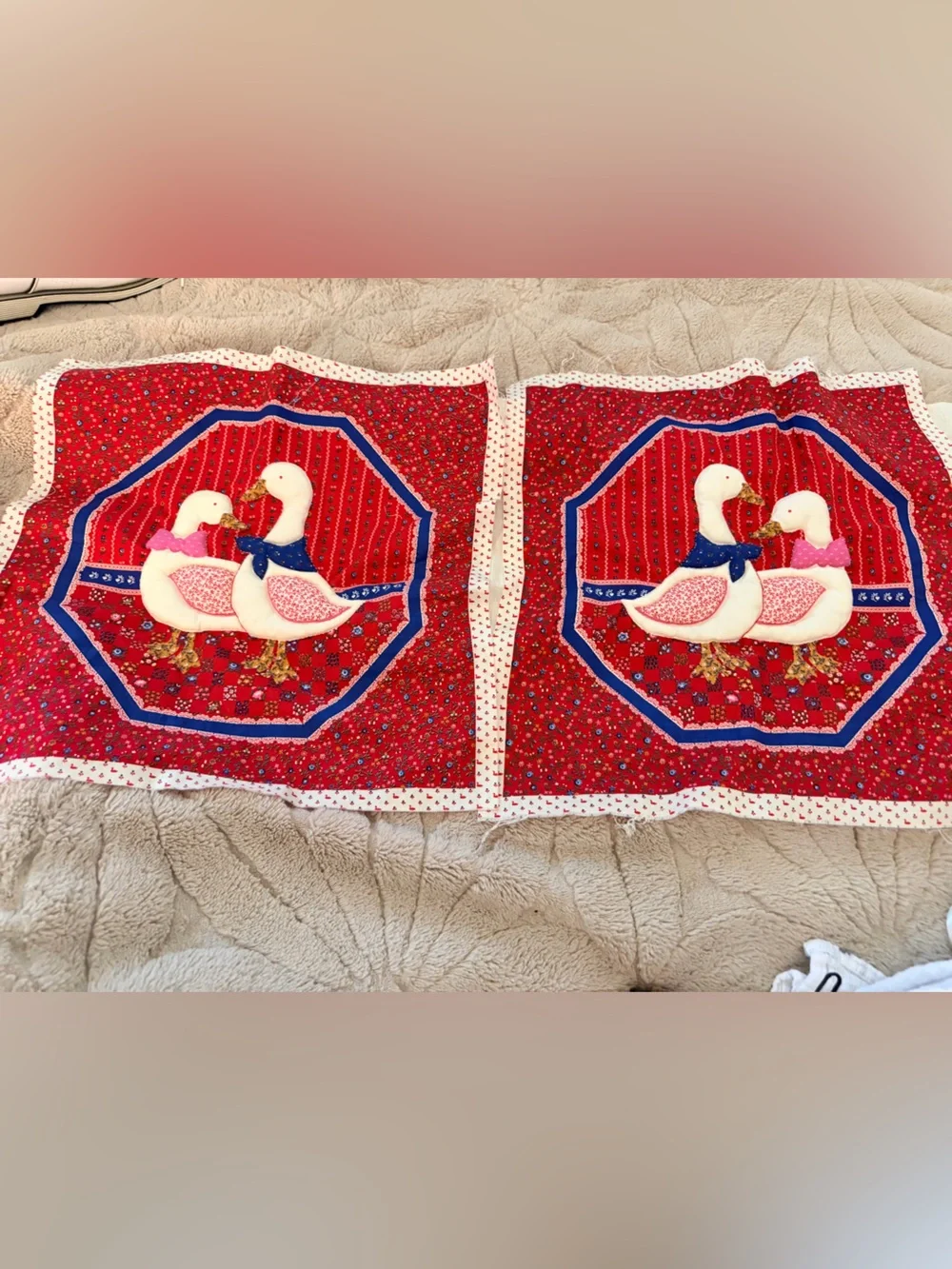 Set of 2 Vintage 1980s Cranston VIP Puff Applique 3D Country Geese Placemats DIY